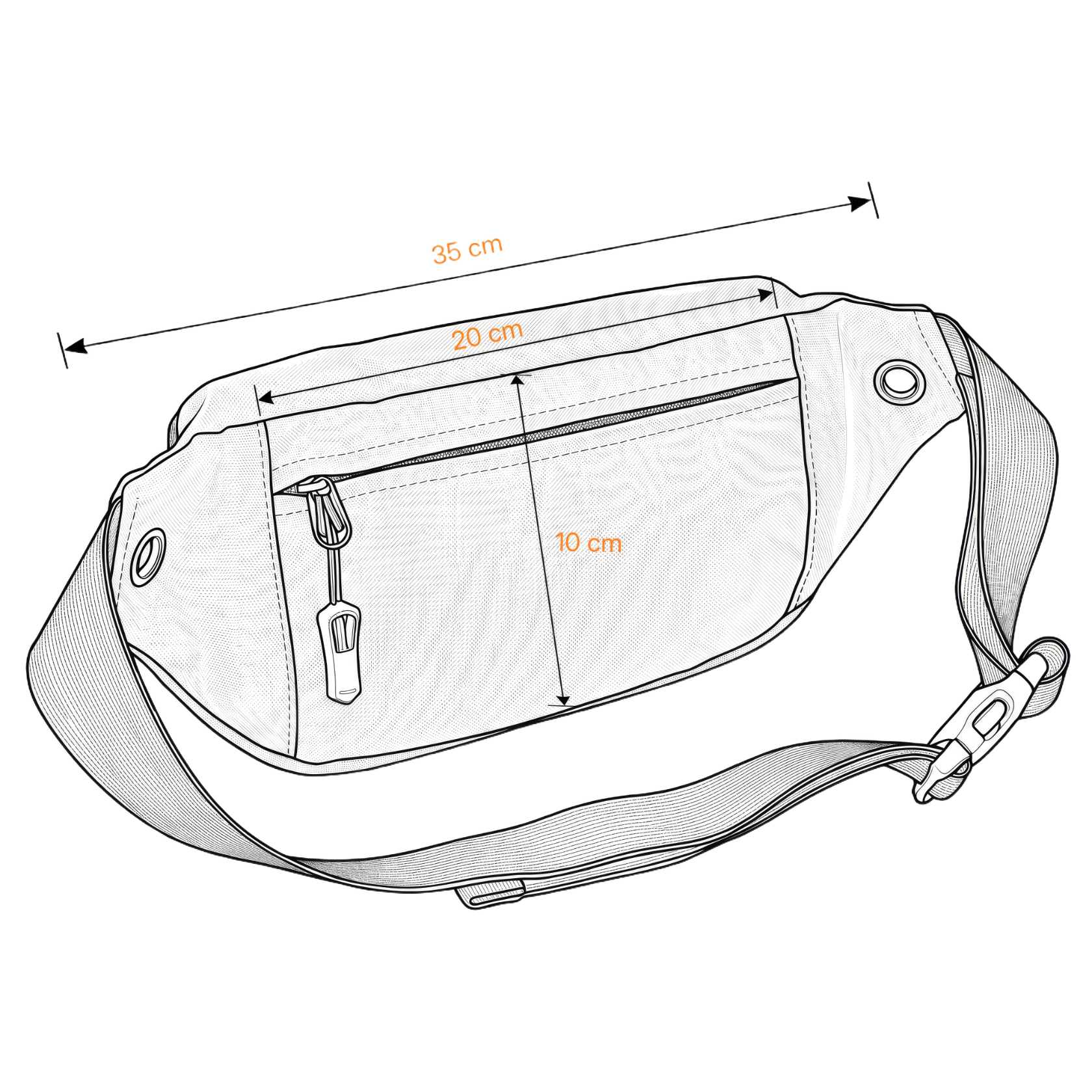 Nerka baxly — rysunek techniczny od tyłu z wymiarami: 35 cm szerokość całkowita, 20 × 10 cm kieszeń tylna na paszport