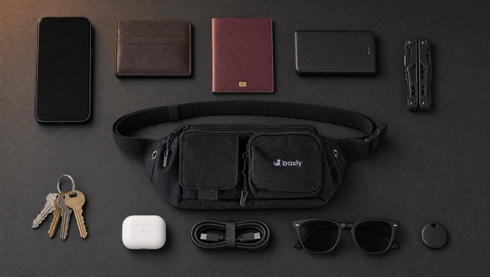 Nerka baxly z zawartością EDC: telefon, portfel na karty, paszport, power bank, multitool, klucze, słuchawki, kabel, okulary, lokalizator