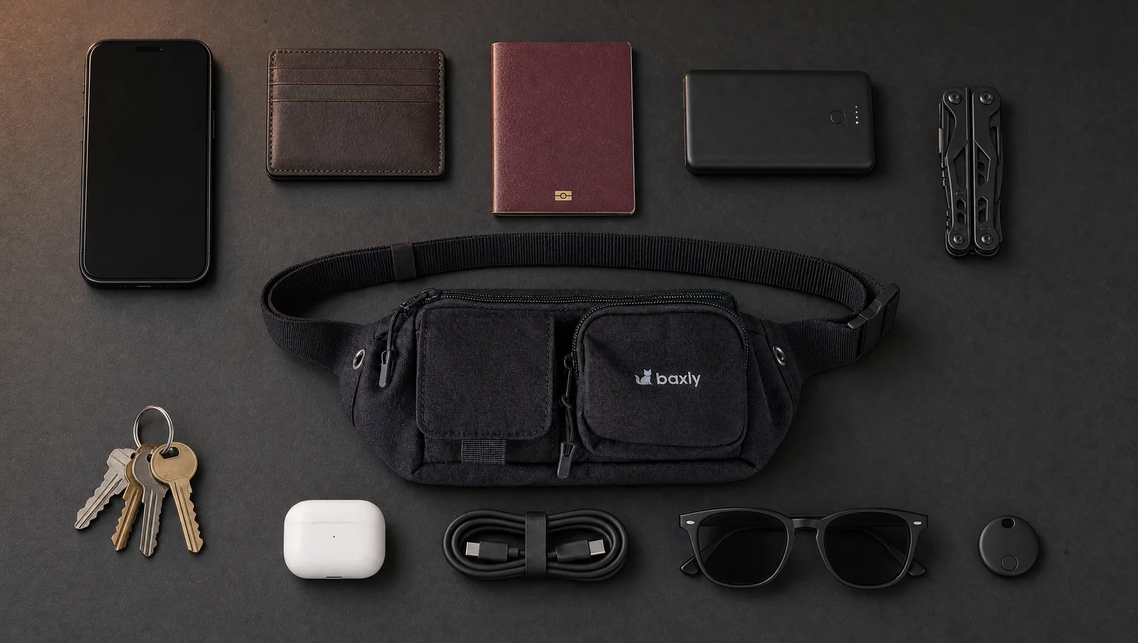 Nerka baxly z zawartością EDC: telefon, portfel na karty, paszport, power bank, multitool, klucze, słuchawki, kabel, okulary, lokalizator