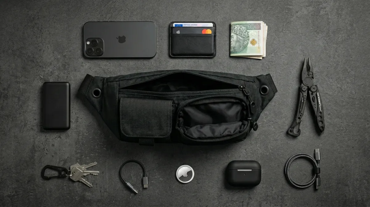 Nerka baxly z zawartością EDC: telefon, portfel, gotówka, multitool, power bank, klucze, słuchawki, smart tag