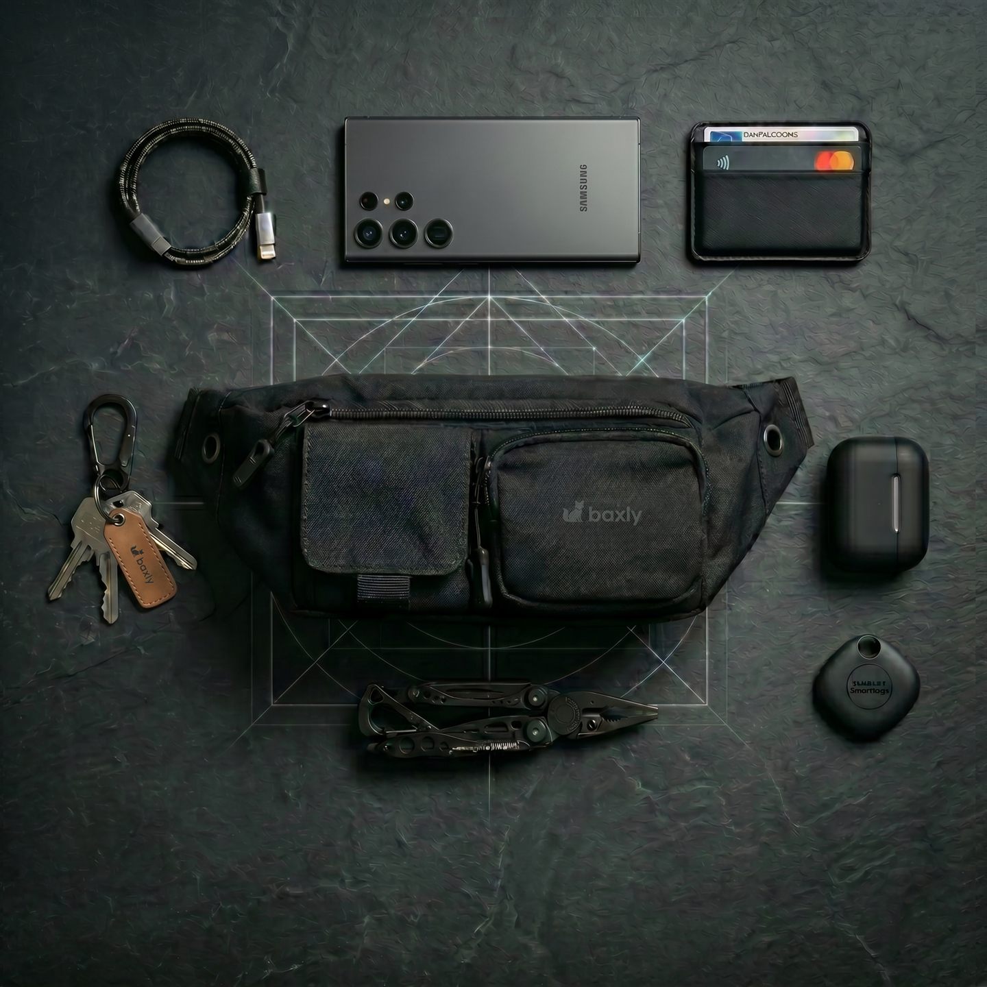 Nerka Baxly FlexComfort — EDC: telefon, portfel, klucze, AirPods, multitool i akcesoria